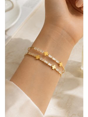 Trend Collection Kadın Gold Renk Yonca Figürlü Baget Taşlı Çift Sıra Kelepçe Bileklik