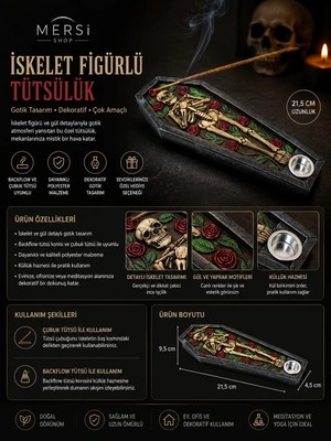 Mersi Shop Polyester İskelet Figürlü Tütsülük 21,5 cm | Dekoratif Backflow ve Çubuk Tütsü Standı Gotik Tasarım