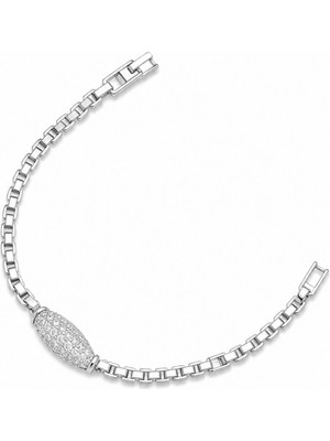 Balenbi Jewelry Gümüş Renk Oval Zirkon Taş Detaylı Paslanmaz Çelik Kadın Bileklik 1201