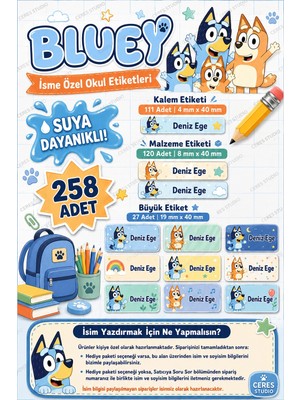 Ceres Studio Okul Etiketi Kalem Defter Isimli Etiket Isim Yazılabilen Bluey Temalı - 258 Adet Özel Yeni Tasarım