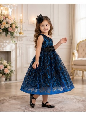 Deep Look Kids Wear Kız Çocuk Saks Mavi Siyah Pullu Tül Abiye Elbise Çiçek Kemer Detaylı