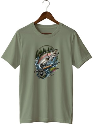 Widi Unisex Somon Balığı Baskılı Tişört – Fly Balıkçılığı ve Outdoor Temalı Bisiklet Yaka