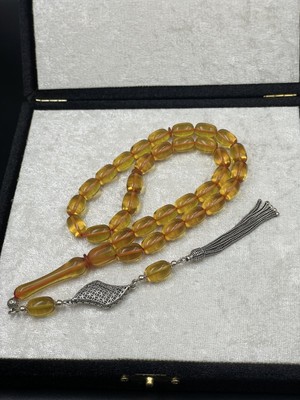 Onurlu Tesbihane 925 Ayar Gümüş Dizayn Ateş Kehribar Tespih – 12X8 mm