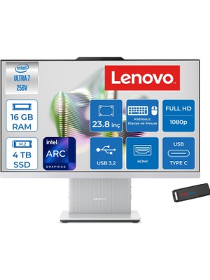 Lenovo Ideacentre Aıo 24ILL11 Intel Core Ultra 7 256V Up 4.8ghz 16GB Ddr5 4tb SSD Arc™ Graphics 140V 23.8" Fhd 100Hz IPS  99% Srgb Freedos Allınone Bilgisayar F0JY001ATRF05+ZETTAUSBBELLEK