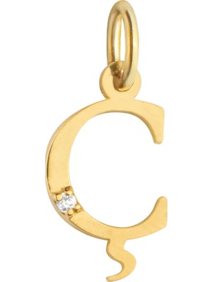 Duyum Gold 14 Ayar Altın Işıltılı Taşlı Ç Harfi Tasarım Kolye Ucu