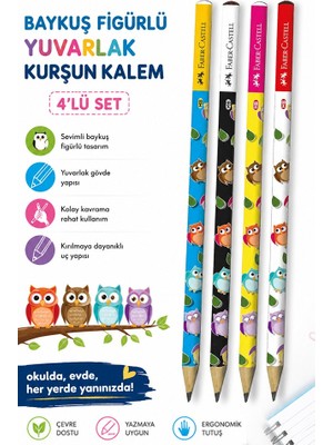 Artlantis Baykuş Kurşun Kalem 4 Adet Faber Castell Yuvarlak Gövdeli Siyah Kurşun Kalem Yumuşak Yazım Kolay Tutuş Kaliteli Okul