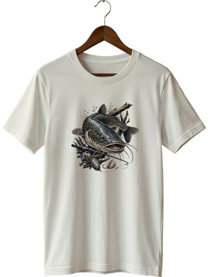 Widi Unisex Yayın Balığı Baskılı Tişört – Olta Balıkçılığı ve Outdoor Temalı Bisiklet Yaka