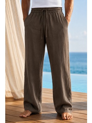 Tarz Cool Erkek Müslin Keten Karışımlı Rahat Kalıp Beli Lastikli Bağcıklı Yazlık Pantolon
