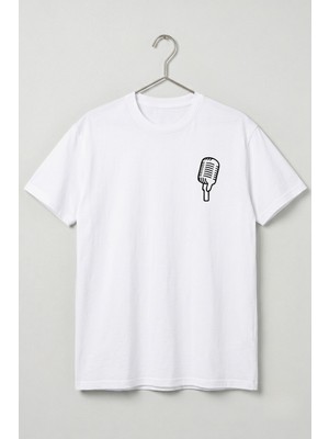 Maison De Mode Oversize Unisex Beyaz Retro Mikrofon Baskılı Müzisyen Tişört