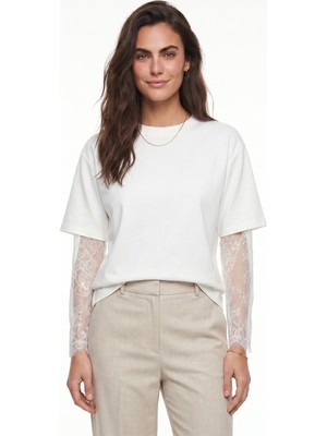 Onloox Beyaz Pamuklu Bisiklet Yaka Oversize Transparan Dantel Uzun Kollu Rahat Kesim T-Shirt