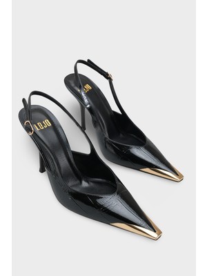 LOJO Kadın Stiletto Sivri Burun Arkası Bantlı Günlük Topuklu Ayakkabı Rivori Siyah Kroko