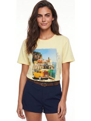 Onloox Tereyağ Pamuklu Bisiklet Yaka Kısa Kollu Italy Temalı Baskılı Nefes Alabilir T-Shirt