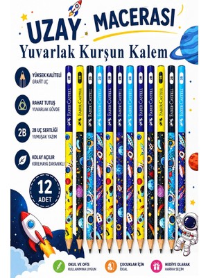 Artlantis Uzay Macerası Kurşun Kalem 12 Adet Faber Castell Yuvarlak Gövdeli Siyah Kurşun Kalem Yumuşak Yazım Kolay Tutuş Kaliteli Okul