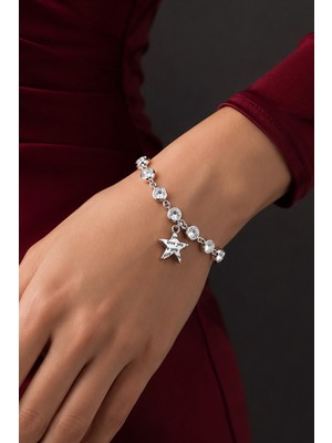 Trend Collection Kadın Gümüş Taşlı Yıldız Charm Zarif Bileklik ( i love you )