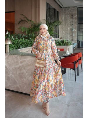 İmaj Butik Sarı Yarım Düğmeli Kol Lastikli Eteği Katlı Elbise