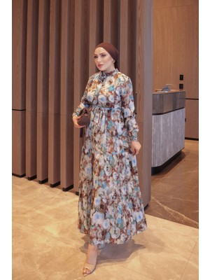 İmaj Butik Mavi Yarım Düğmeli Kol Lastikli Eteği Katlı Elbise