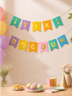 Parti Adresi Pastel Renkli Altın Iyi Ki Doğdun Banner Doğum Günü Parti Süsü
