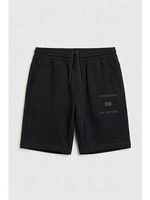 Tommy Life Siyah Baskılı Gizli Cep Detaylı Battal Büyük Beden Erkek Şort - 81300