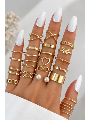 Trend Collection 22’li Gold Renk Kadın Yüzük Seti Kalp Kelebek Sonsuzluk ve Inci Detaylı