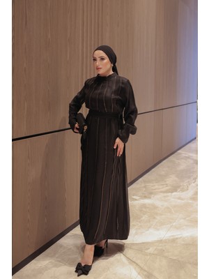 İmaj Butik Siyah Taş Detaylı Bel Bağlamalı Elbise