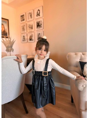 Luniva Butik  Kız Çocuk Deri Görünümlü Jile Elbise ve Fırfır Yakalı Uzun Kollu Bluz Takım (Siyah - Kahverengi)