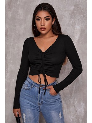 Marsilyan- Kadın Siyah Uzun Kollu Büzdürme Bağcık Detaylı Crop Top Bluz