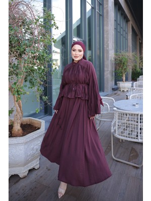 İmaj Butik Bordo Bel Bağlamalı Piliseli Gömlek Etekli Takım