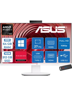 Asus Expertcenter V600 Aio (VM670GA) Amd Ryzen™aı 7 445 Upto 4.6ghz 64GB Ddr5 512GB SSD Amd Radeon™ 840M 27"fhd 300NITS Srgb: 100% WIN11PRO Allınone Bilgisayar VM670GA350P22+ZETTAUSBBELLEK