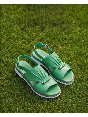 Futsi Shoes Opal Yeşil Hakiki Deri Bilekten Tokalı Drapeli Kadın Sandalet