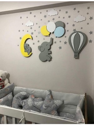 Arsergroup Çocuk Odası Aydınlatma Dörtlü Balon Ayda Uyuyan Fil Dik Fil ve Balon Ahşap Gece Lam