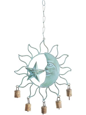 Deco 79 Metal Güneş ve Ay Çanı Çanlı, 33 cm x 28 cm x 2,5 Cm, Turkuaz