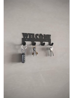 Welcome Metal Duvar Askılığı – Çelik Anahtar Askısı, Antre Dekoratif Organizer - Siyah