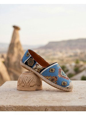 Futsi Shoes Vıola Mavi Hakiki Deri Kilim Desenli Kadın Etnik Desen Espadril Ayakkabı