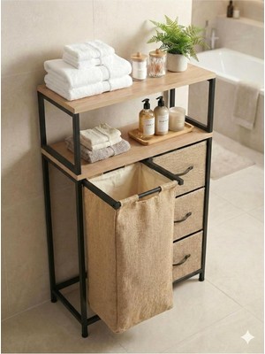 Miyuhome Jüt Kumaşlı 3 Çekmeceli Metal Kızaklı Çamaşır Sepeti 40 Lt Kirli Sepeti 2 Raflı Banyo Dolabı Jüt 60 x 100