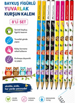 Artlantis Baykuş Kurşun Kalem 8 Adet Faber Castell Yuvarlak Gövdeli Siyah Kurşun Kalem Yumuşak Yazım Kolay Tutuş Kaliteli Okul