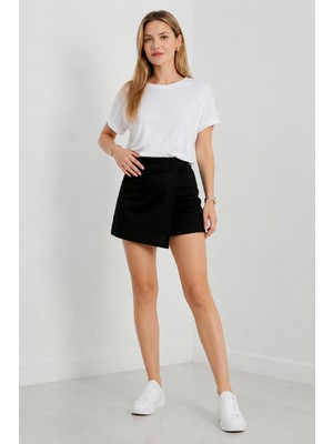 Marvelas Kadın Siyah Etek Görünümlü Yüksek Bel Şort Slim Fit Esnek Tok Kumaş Günlük Spor Mini Şort Etek