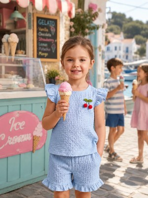 Ponki Kirazlı Bubble Kumaş Mavi  Takım