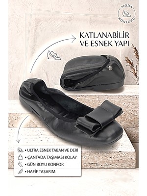 Gökhan Talay Celiora Katlanabilir Esnek Yumuşak Kaymaz Taban Siyah Cilt Köşe Fiyonk Detaylı Köşe Burun Kadın Babet Ayakkabı