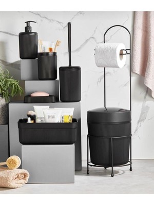 7 Parça Banyo Seti Çöp Kovalı Tuvalet Kağıtlığı ve Fırçası - Kozmetik Kutusu - Diş Fırçalık - Katı ve Sıvı Sabunluklar (Siyah)