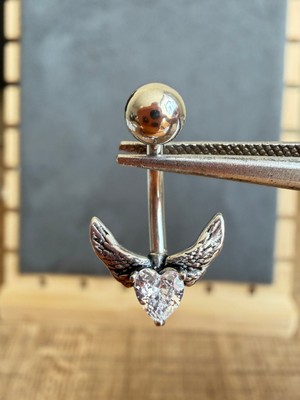 Zadenza Gold %100 316 L Cerrahi Çelik Kalp Zirkon Kanat Çelik Göbek Piercing