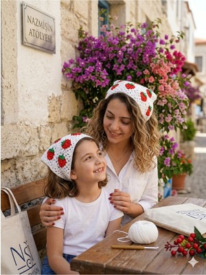 Megahan Boutique Anne Kız Kombin Çilekli Örgü Bandana Seti - El Yapımı %100 Pamuk Saç Aksesuarı