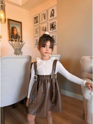 Luniva Butik  Kız Çocuk Deri Görünümlü Jile Elbise ve Fırfır Yakalı Uzun Kollu Bluz Takım (Siyah - Kahverengi)