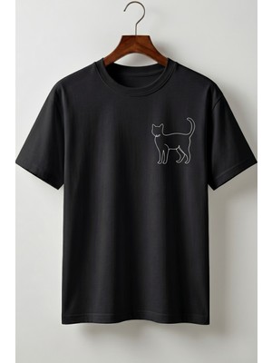 Maison De Mode Oversize Unisex Siyah Minimalist Kedi Baskılı Çizgisel Tişört