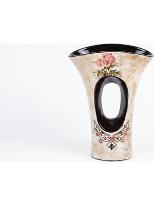 Vintage Gül Desenli Seramik Vazo - Modern Oval Tasarım Dekoratif Çiçek Vazosu - Eskitme Dokulu S