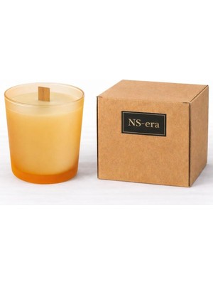 Ns-Era Sandal Ağacı Kokulu Mum 280 ml - Ahşap Fitil, Turuncu Buzlu Cam Bardak, Uzun Yanma Süresi