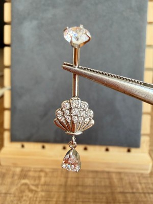 Zadenza Gold %100 316 L Cerrahi Çelik Deniz Kabuğu Damla Sallantı Zirkon 10X1,6MM Altın Göbek Piercing