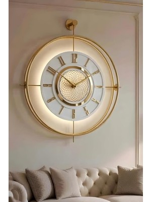 Metaquartz Aksesuar Elmas Serisi - Gold Laviento 12-24 H (Büyük Boy-55 * 65 Cm)-(Pilli Led)-(Quartz) Metal Duvar Saati Altın 50 x 60