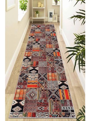 Viva Home Kaymaz Tabanlı Makinede Yıkanabilir Patchwork Rulo Yolluk Halı, Turuncu, 80 x 300