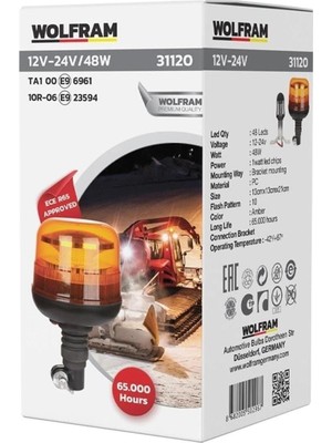 Wolfram LED Tepe Döner Ikaz Lambası Körük Bağlantılı 10 Fonksiyon 12/24V E-Belgeli 48W