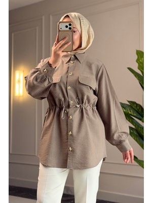 Suede Style 9102 - Şık Rahat Düğme ve Bel Bağlama Detaylı Dokuma Kadın Gömlek